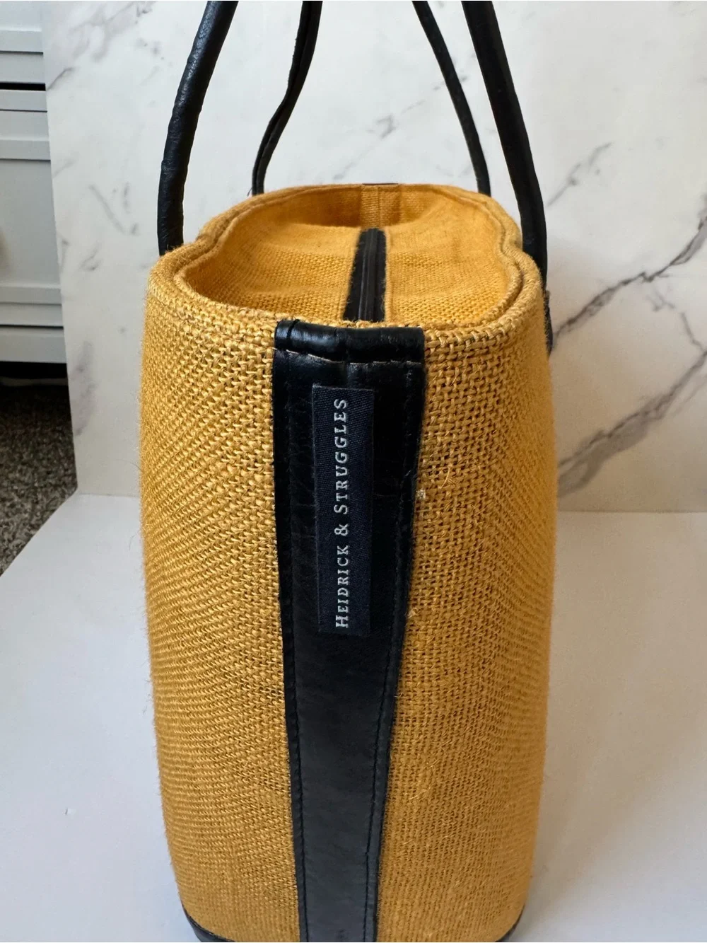 Mustard Straw Tote with Beaded Medallion and Black Handles